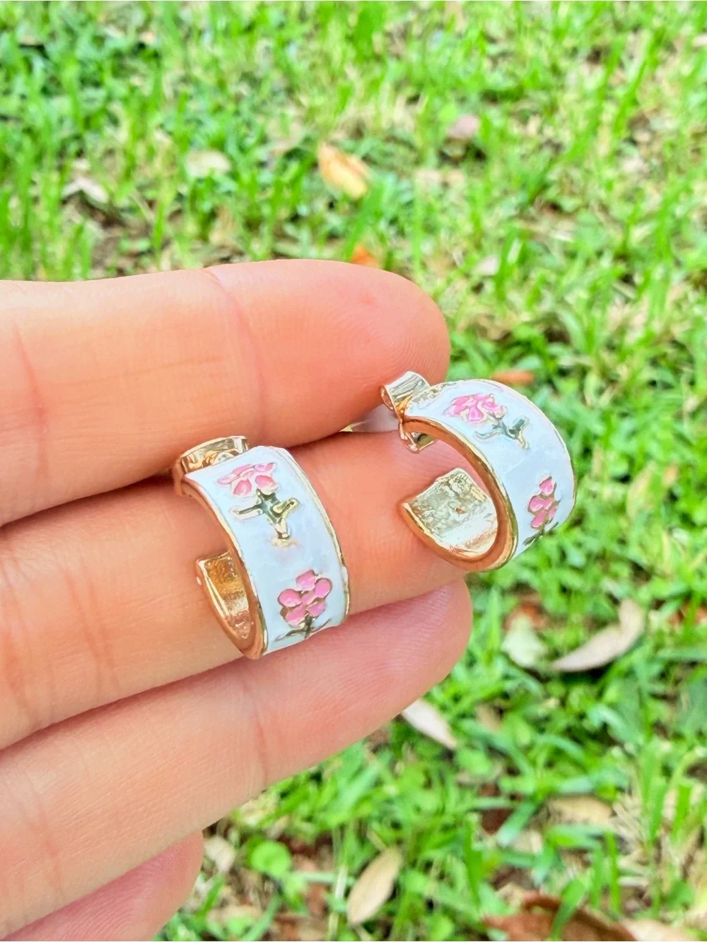 Gold White Enamel Hoop Earrings with Pink Flower Detail